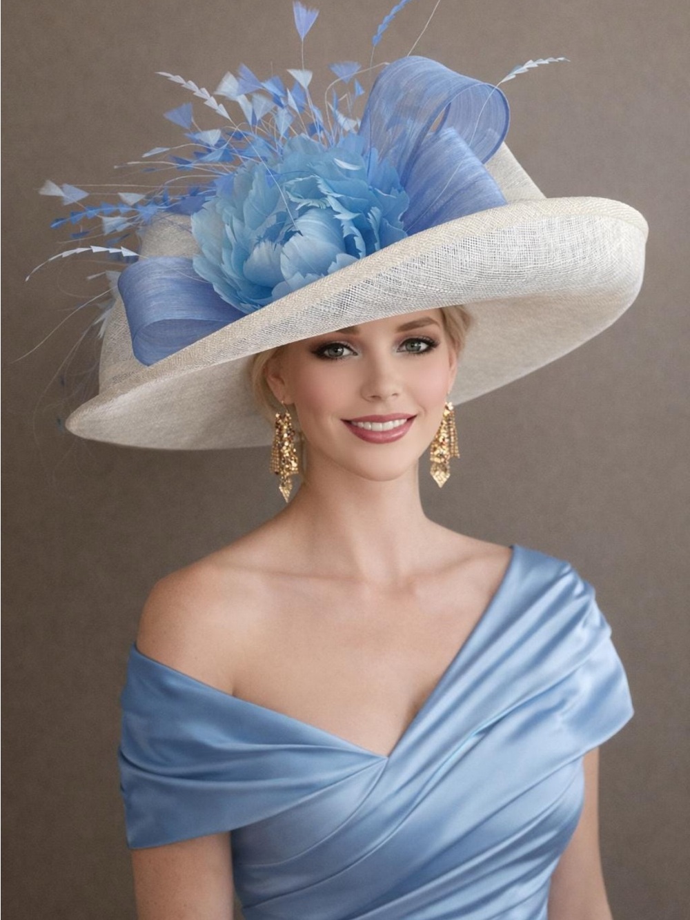 Large Wide-Brim Ivory Sinamay Hat with Light Blue Floral Accent